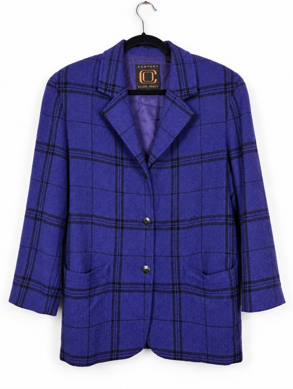 Vintage Ellen Tracy Company Purple Plaid Wool Blend Blazer Size 6 Statement 90s